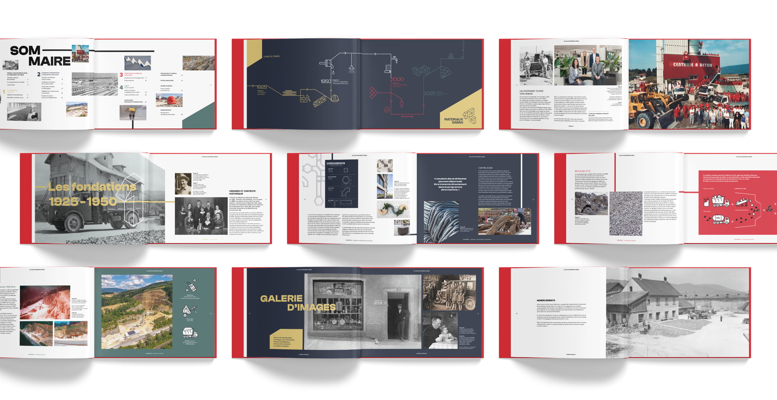 Conception et mise en page d’un livre anniversaire retraçant 100 ans d’histoire des Matériaux Sabag.